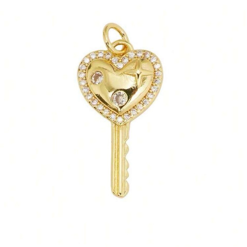 Gold Heart Key Charm Pendant CZ